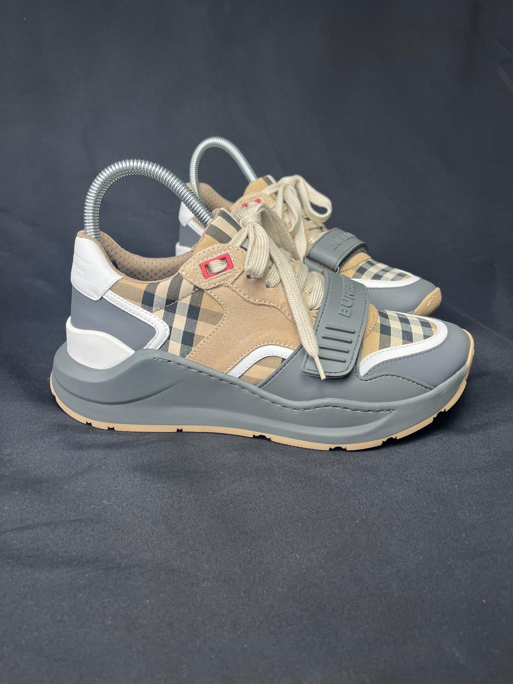 Women’s Burberry Vintage Check Leather Trainers – Grey/Beige