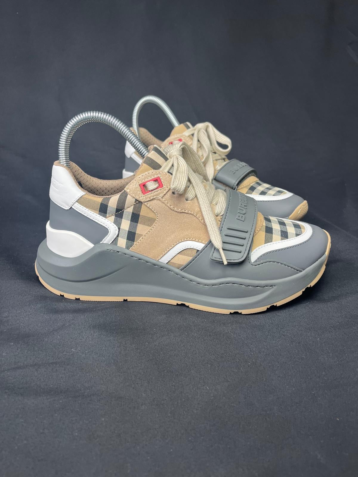 Women’s Burberry Vintage Check Leather Trainers – Grey/Beige