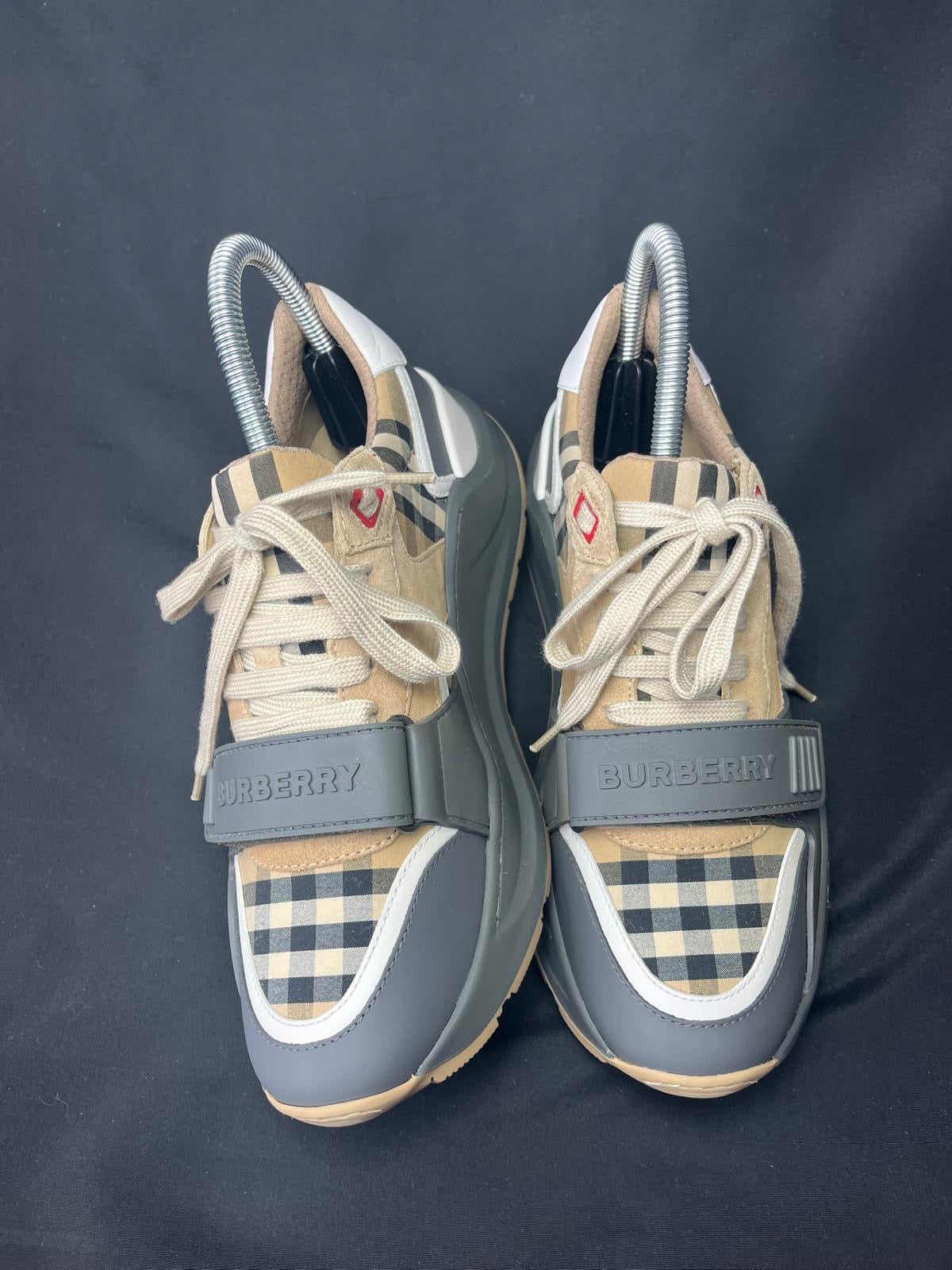 Women’s Burberry Vintage Check Leather Trainers – Grey/Beige
