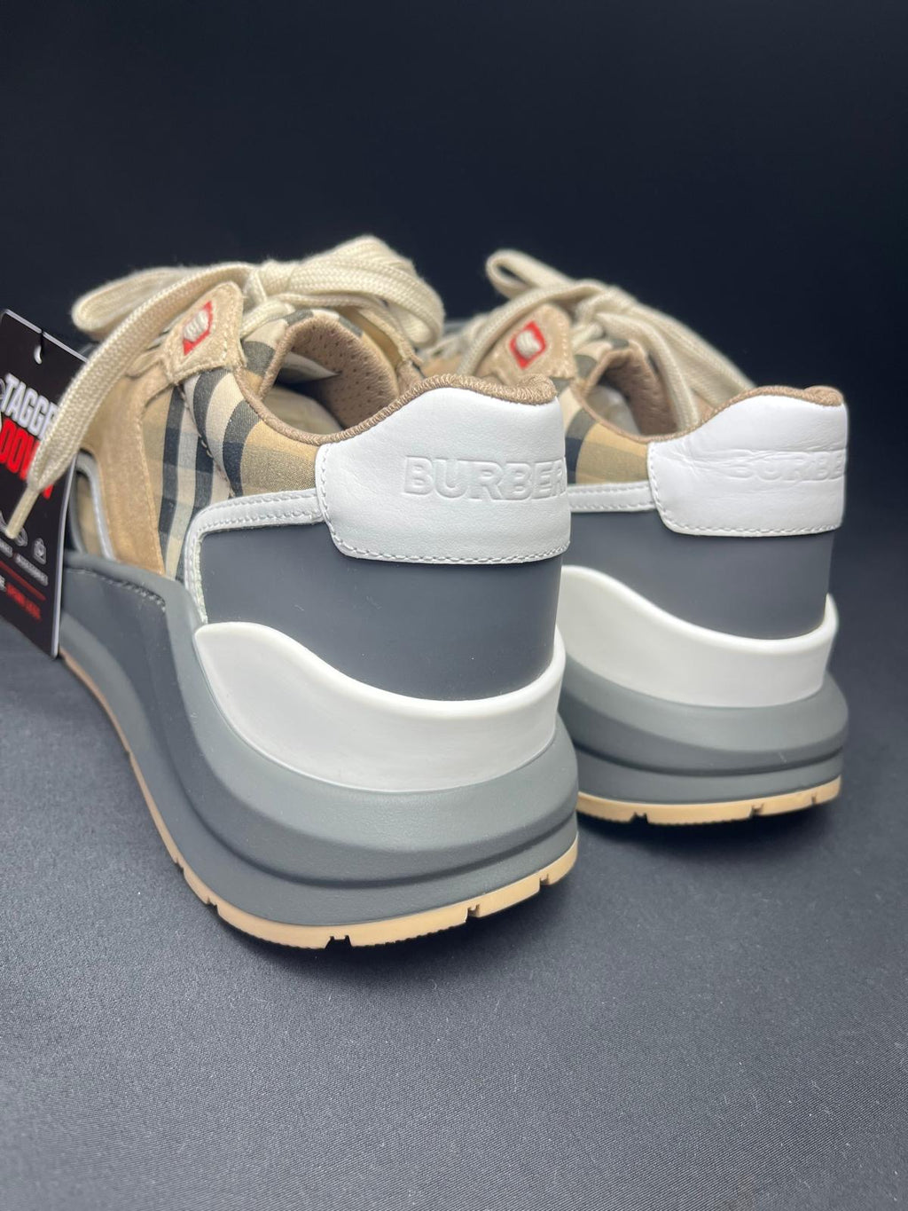 Women’s Burberry Vintage Check Leather Trainers – Grey/Beige