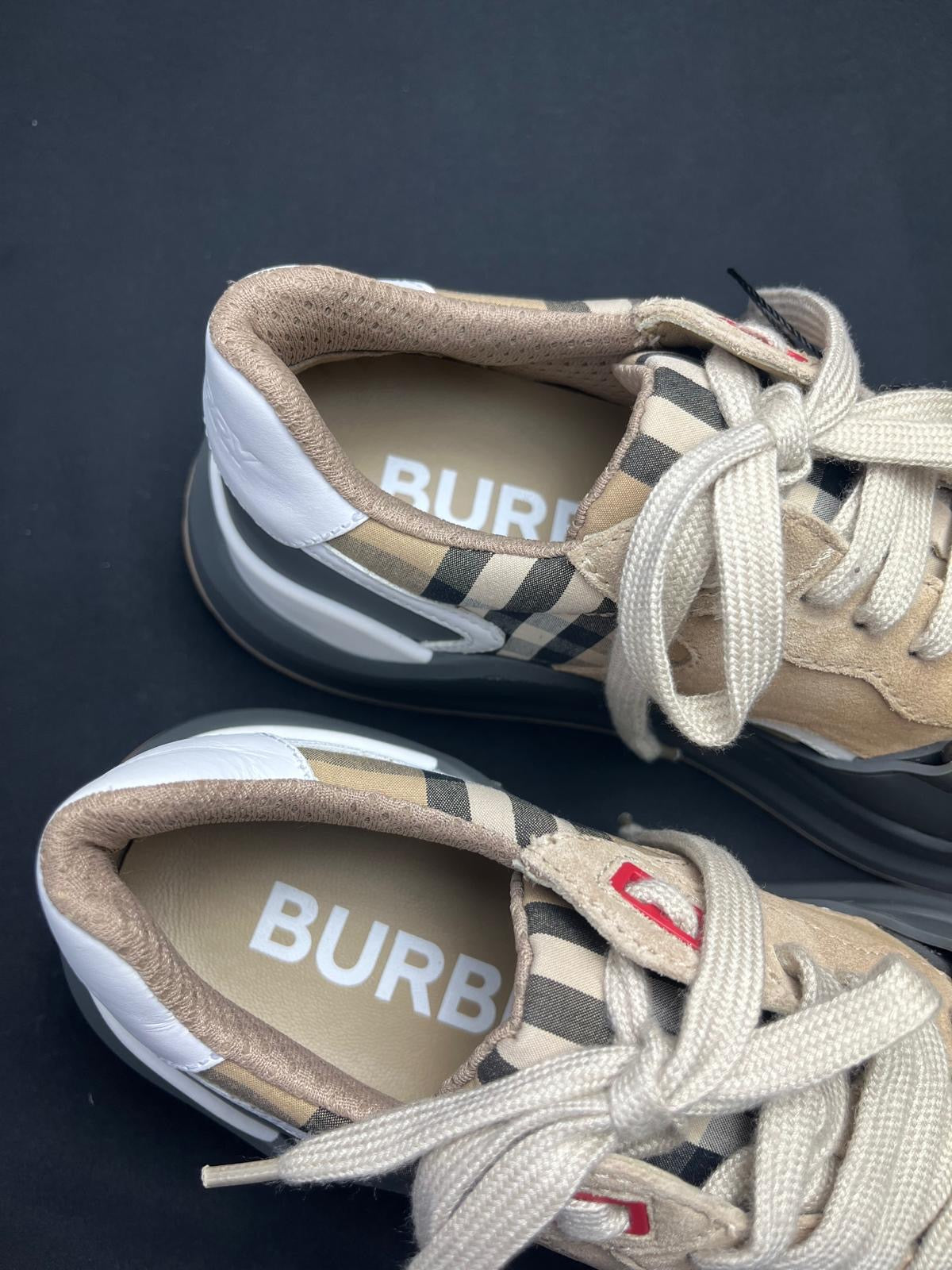 Women’s Burberry Vintage Check Leather Trainers – Grey/Beige