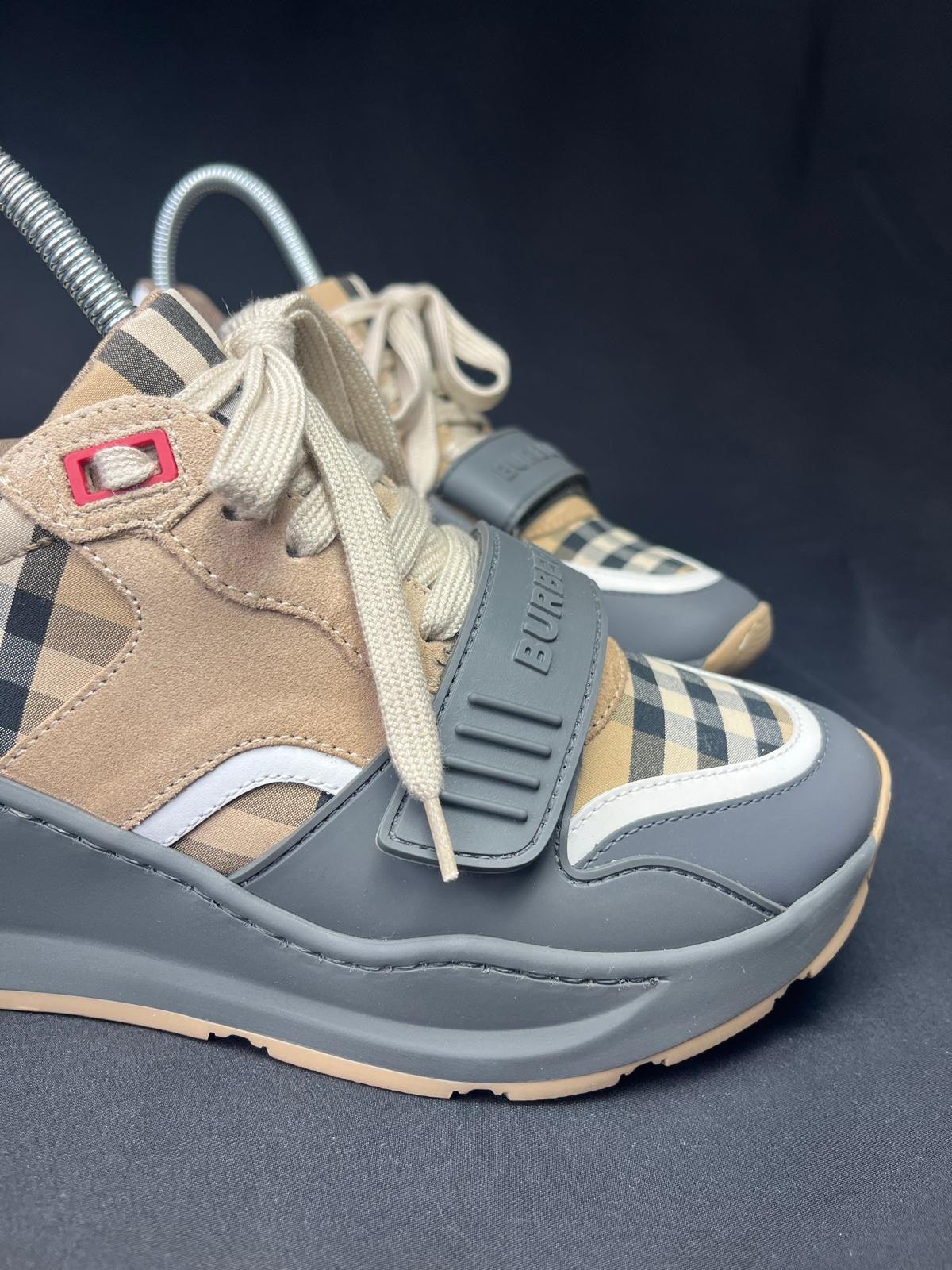 Women’s Burberry Vintage Check Leather Trainers – Grey/Beige