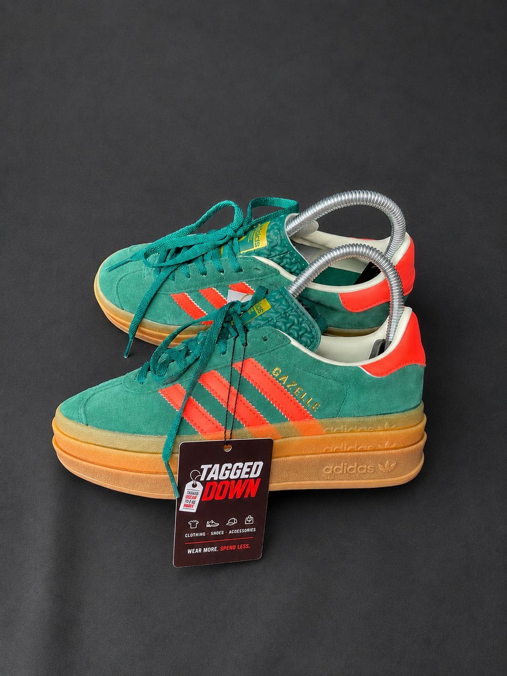 Adidas Gazelle Bold Junior trainers in green with orange stripes and gum platform sole, UK Size 3, brand new in the box.