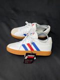 Authentic Adidas White Red Blue trainers with a gum sole, brand new in the original box.