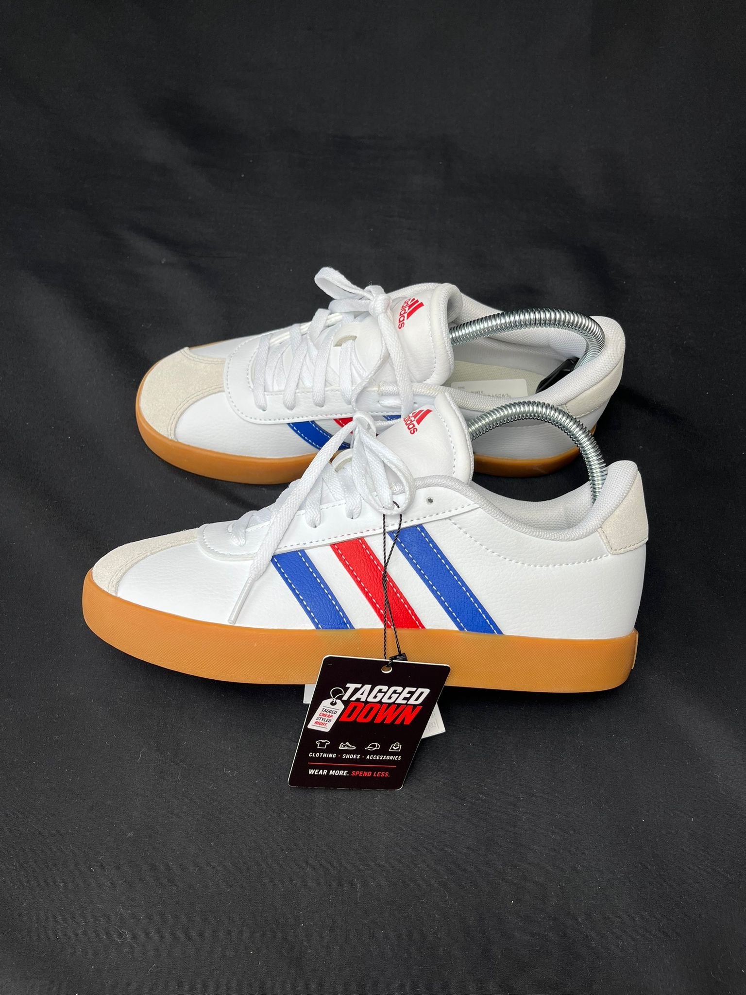 Authentic Adidas White Red Blue trainers with a gum sole, brand new in the original box.