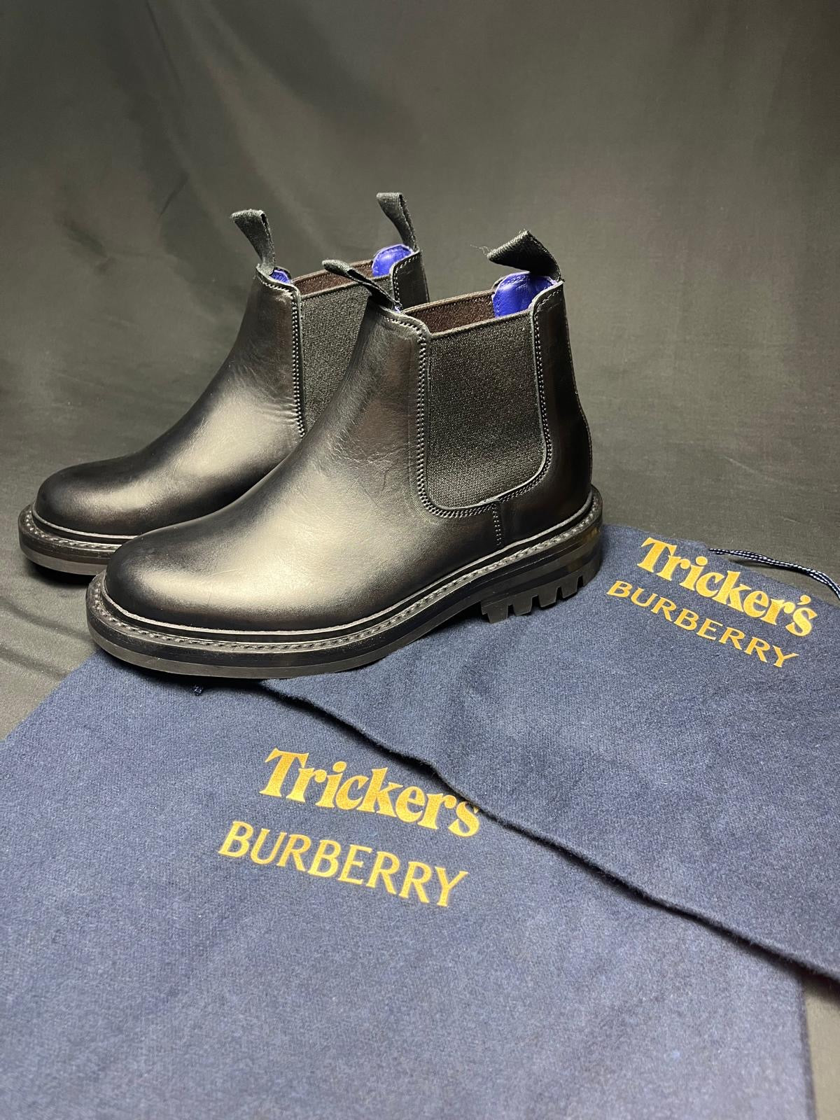 Burberry x Tricker’s black leather Chelsea ankle boots, Limited Edition, brand new in the original box.