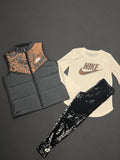 Girls Nike leopard print 3 piece set with padded gilet, long sleeve T-shirt and black leggings, brand new with tags.