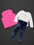 Girls Nike pink 3 piece set with padded gilet, long sleeve T-shirt and navy velour leggings, brand new with tags.