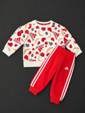 Infant adidas White and Red Fruit Print Tracksuit with printed sweatshirt and matching joggers, brand new with tags.