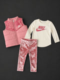 Girls Nike Pink 3 Piece Set with padded gilet, long sleeve t-shirt and matching leggings, brand new with tags.
