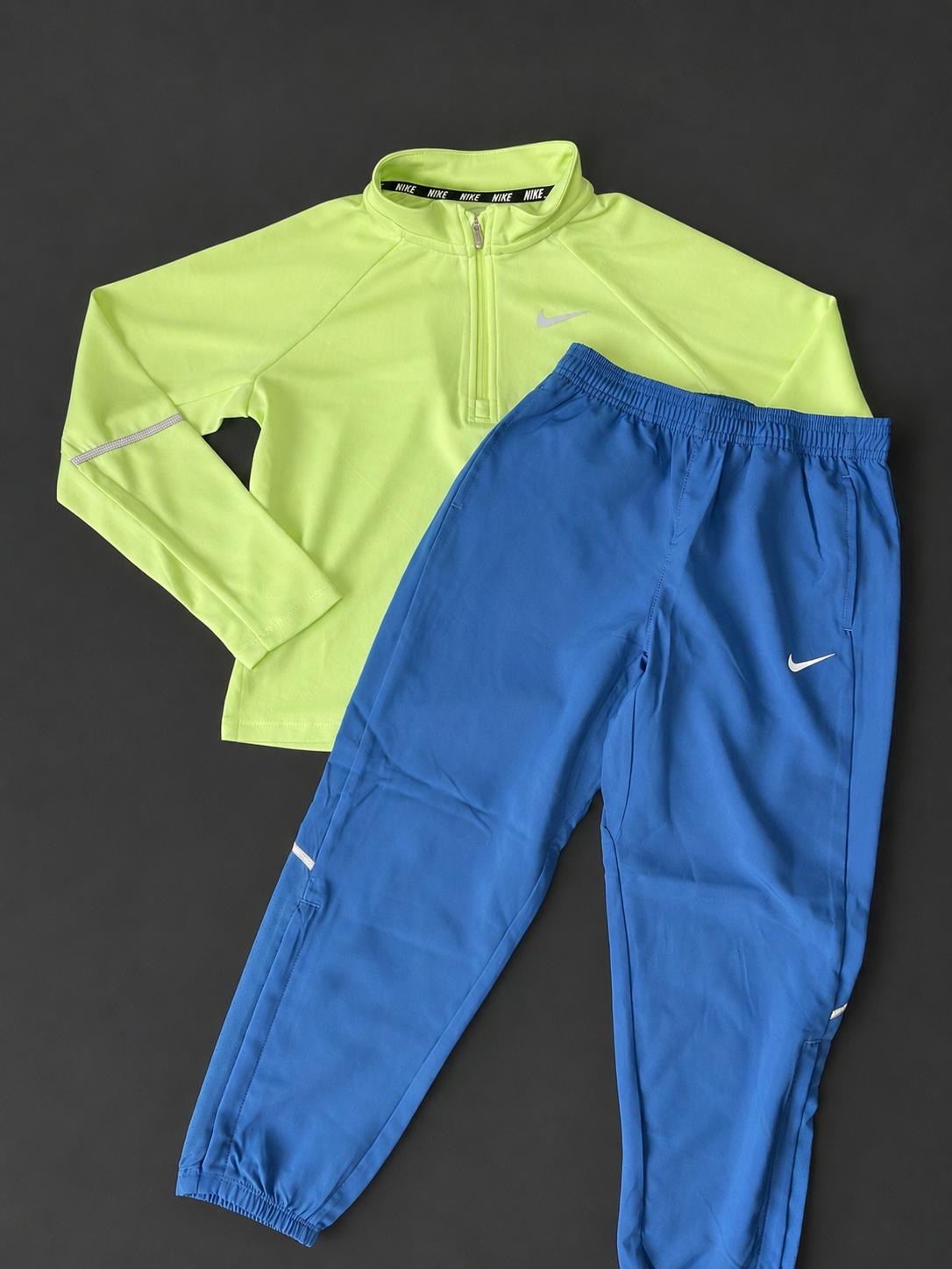 Kids Nike Volt Yellow and Royal Blue performance set with quarter zip top and matching joggers, brand new with tags.