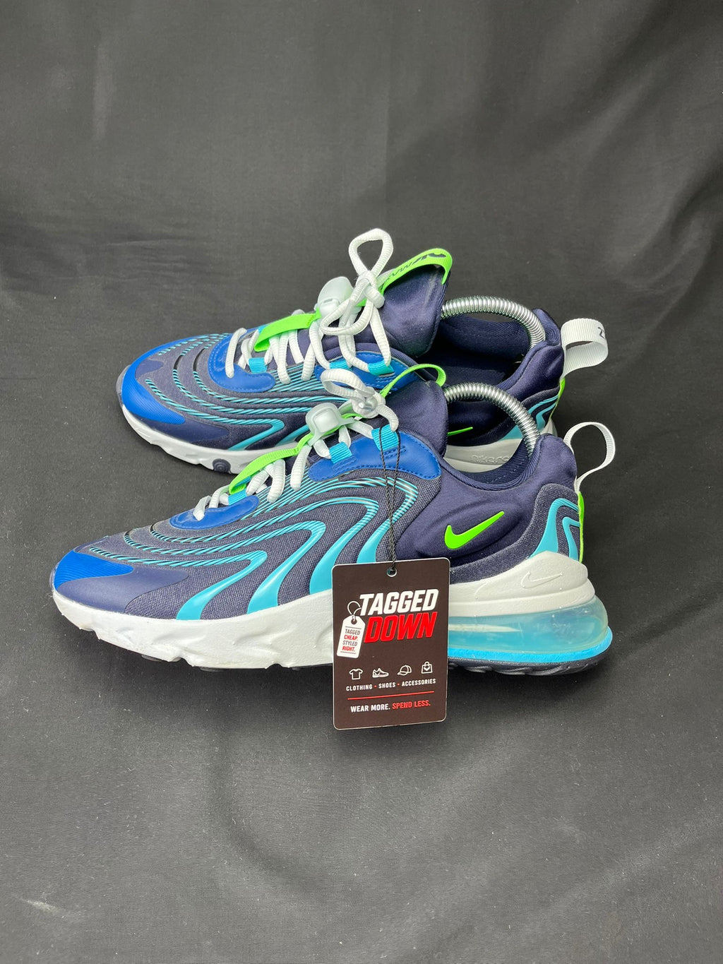 Authentic Nike Air Max 270 React ENG Blue and Volt trainers, pre-owned in excellent like new condition with Max Air cushioning.