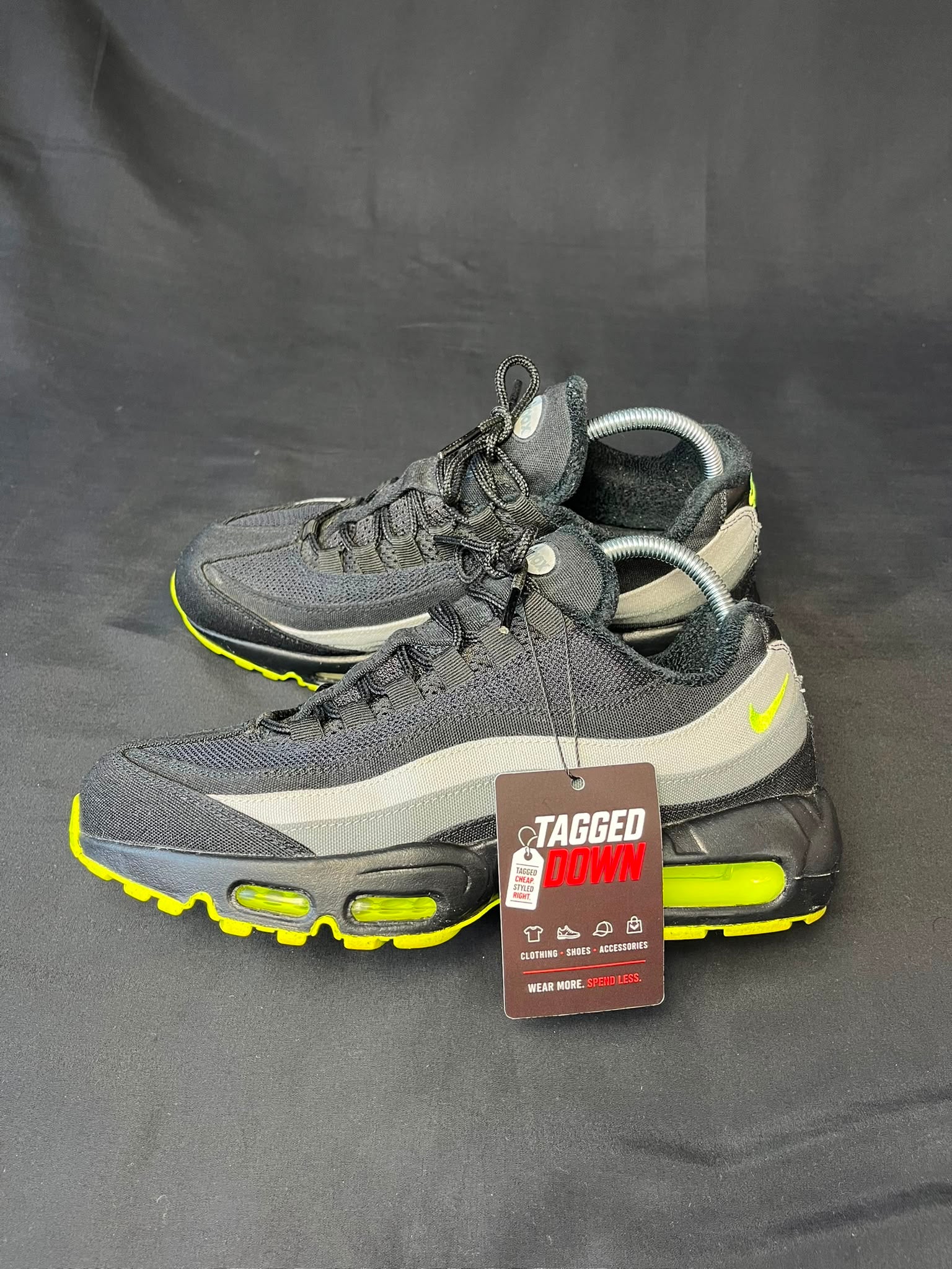 Authentic Nike Air Max 95 Custom One of One trainers in a black, grey and volt colourway, pre-owned in excellent condition.