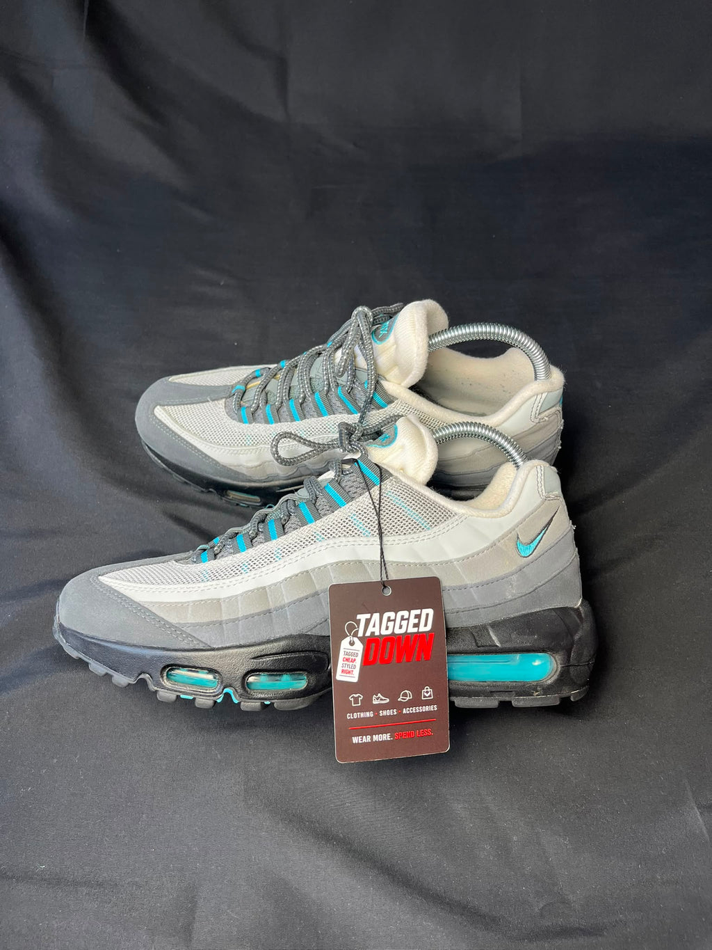 Authentic Nike Air Max 95 trainers in a grey and blue colourway, pre-owned in excellent condition.