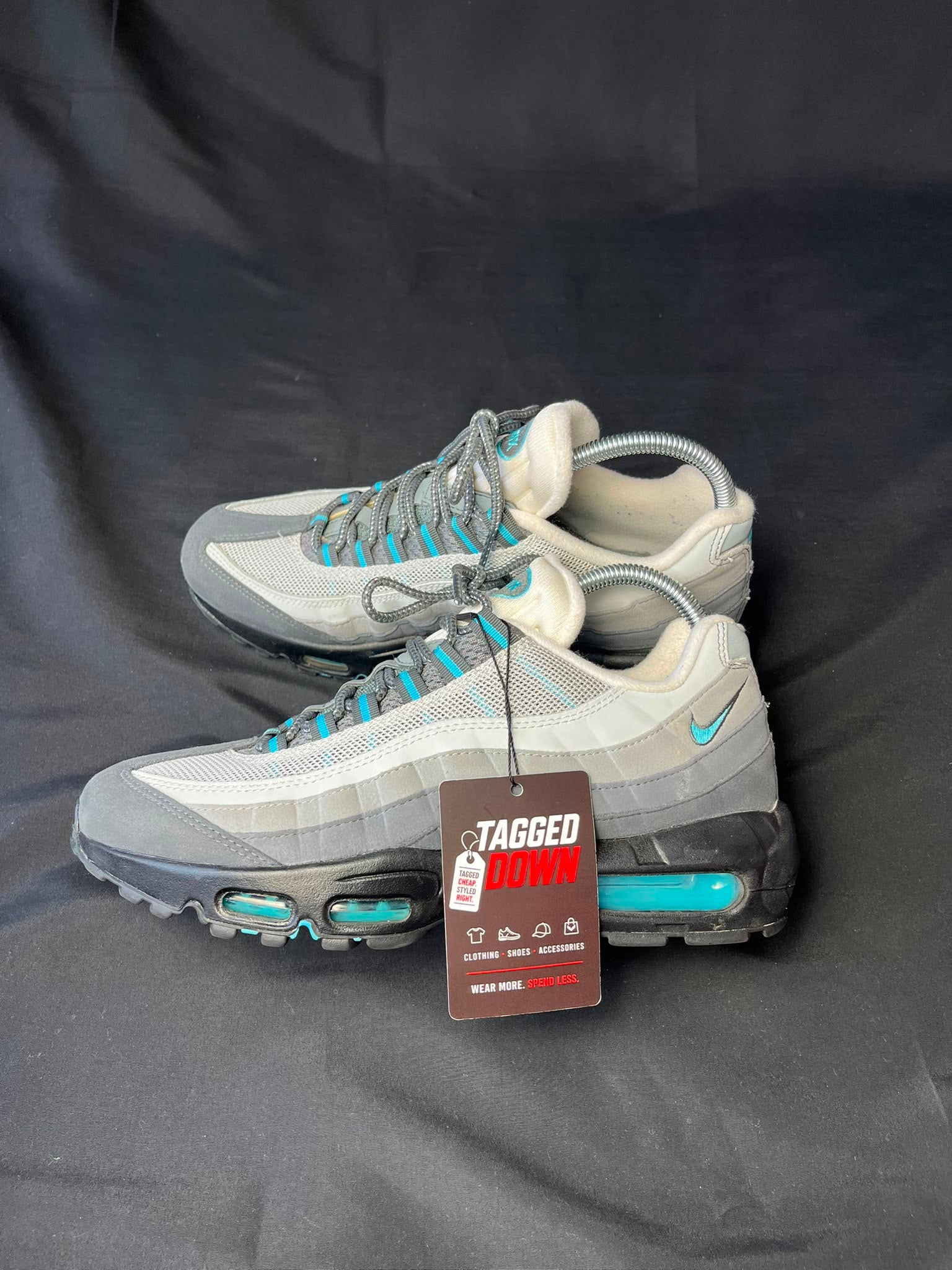 Authentic Nike Air Max 95 trainers in a grey and blue colourway, pre-owned in excellent condition.