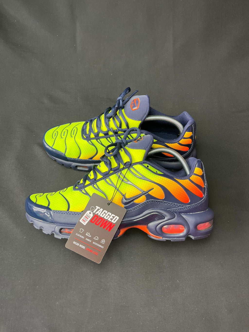 Authentic Nike Air Max Plus TN trainers in Volt, Total Orange and Obsidian, brand new in the original box.