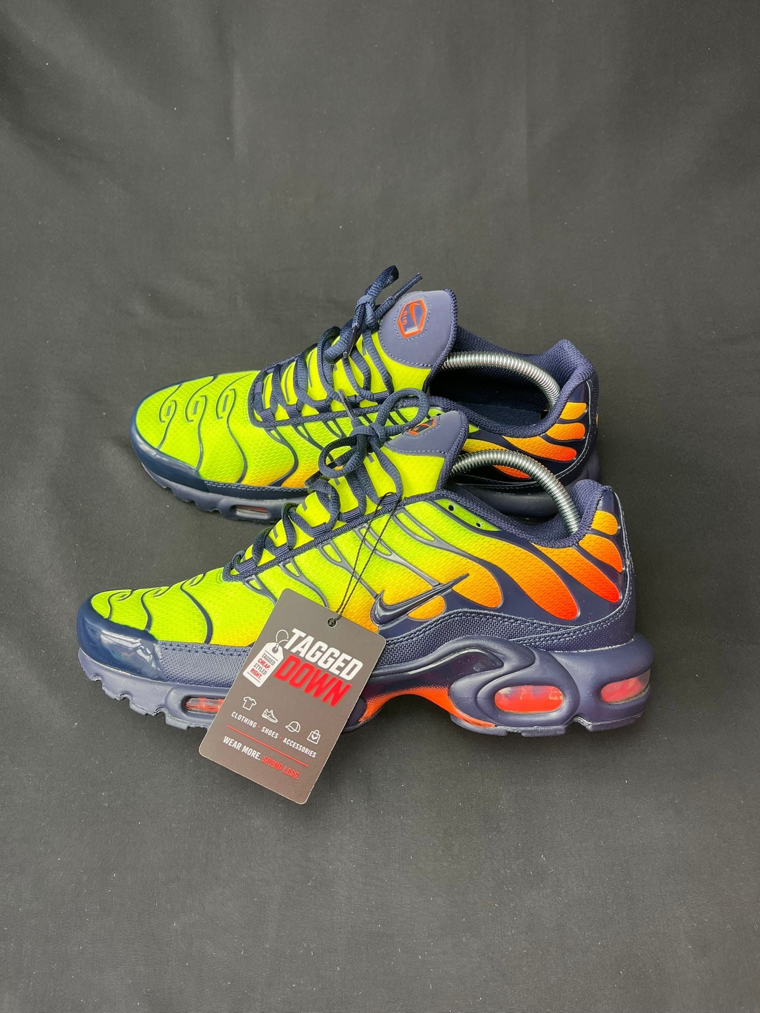 Authentic Nike Air Max Plus TN trainers in Volt, Total Orange and Obsidian, brand new in the original box.
