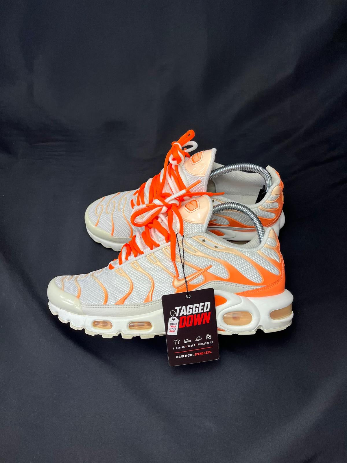 Authentic Nike Air Max Plus TN trainers in a White and Orange colourway, pre-owned with no original box. Condition shown as best as possible in the photos.