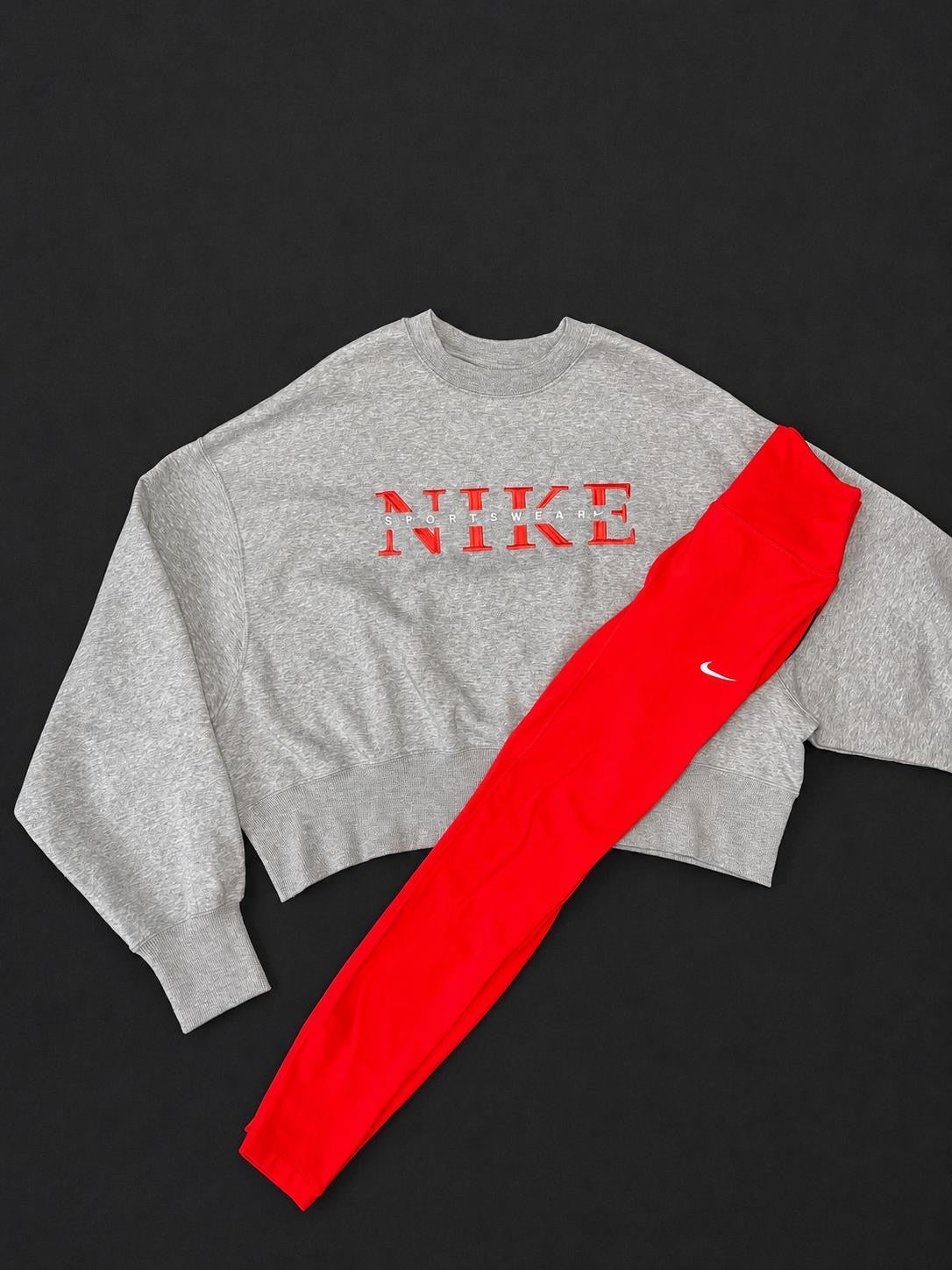 Nike Women’s Grey Sweatshirt and Red Leggings Set with oversized sleeve sweatshirt, brand new with tags.