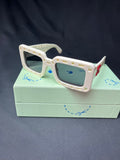 Off-White™ white designer sunglasses with red Arrow logo, dark lenses and original presentation box.