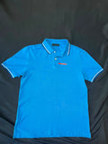 Authentic Prada blue polo shirt, pre-owned, slim fit with chest logo detail.
