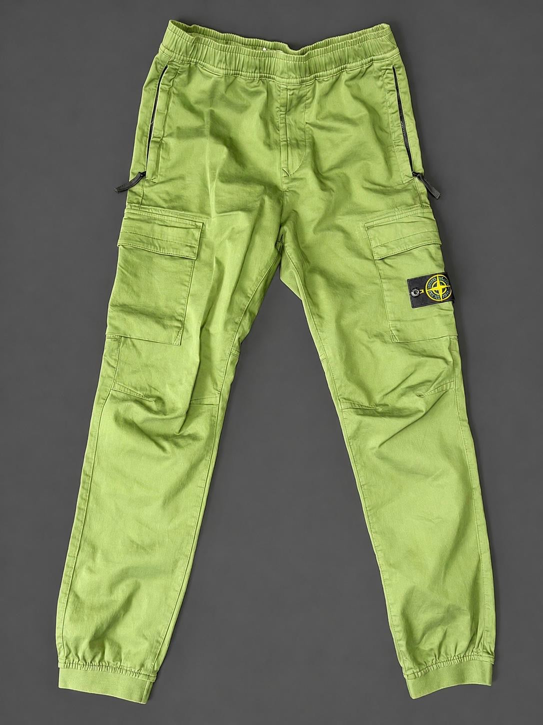 Authentic Stone Island Khaki cargo pants with removable Compass badge, pre-owned in excellent condition.