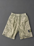 Authentic Stone Island Nylon Metal Khaki cargo shorts with removable Compass badge, pre-owned in excellent condition.