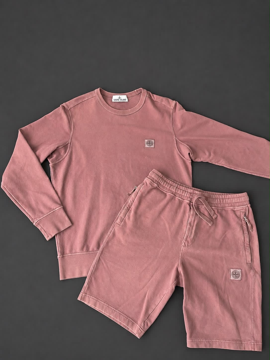Stone Island V0011 garment dyed sweatshirt and matching shorts set in pink, Size S, authentic pre-owned.