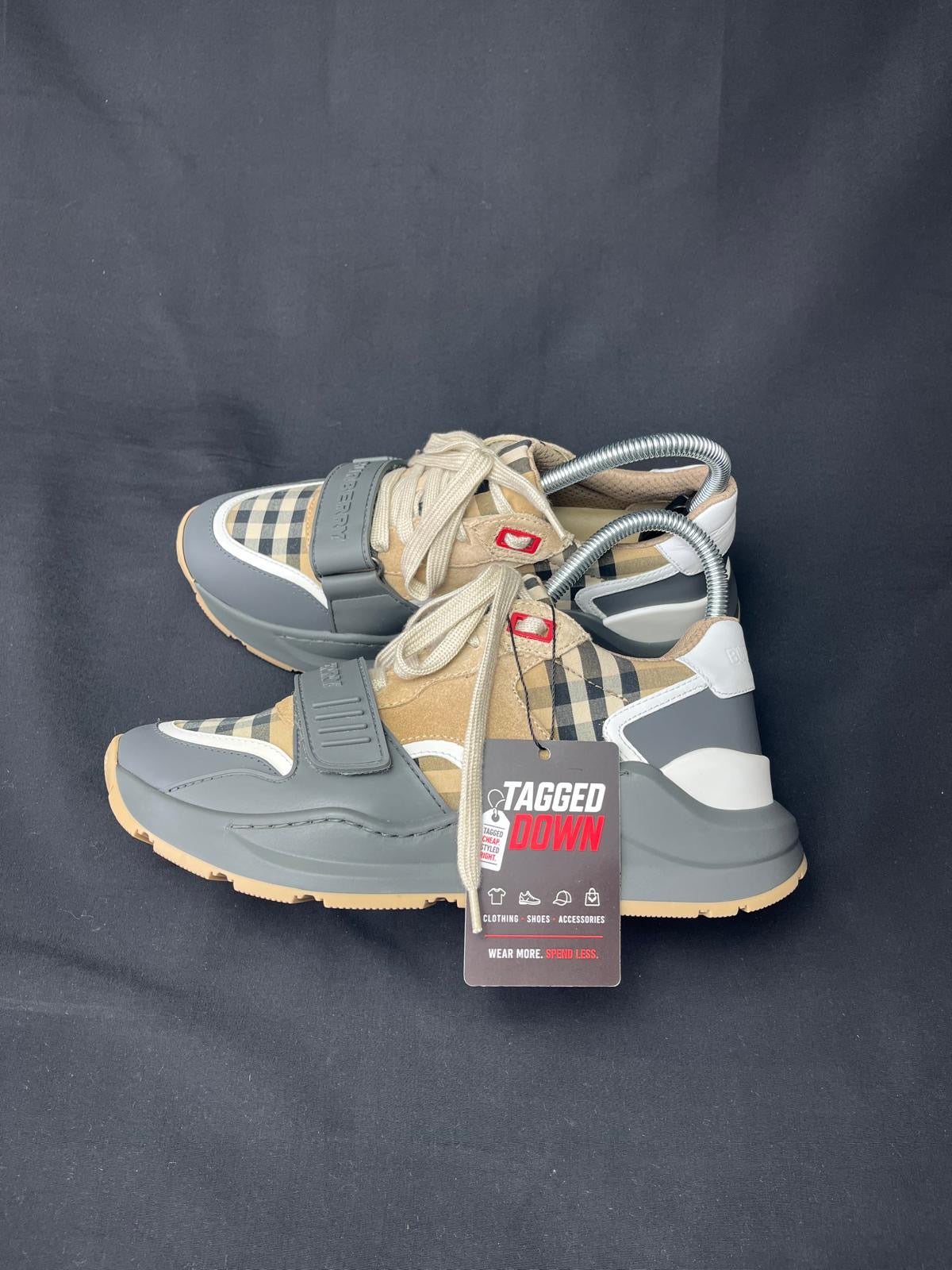 Women’s Burberry Vintage Check grey and beige leather trainers, brand new with original box, authentic designer footwear.